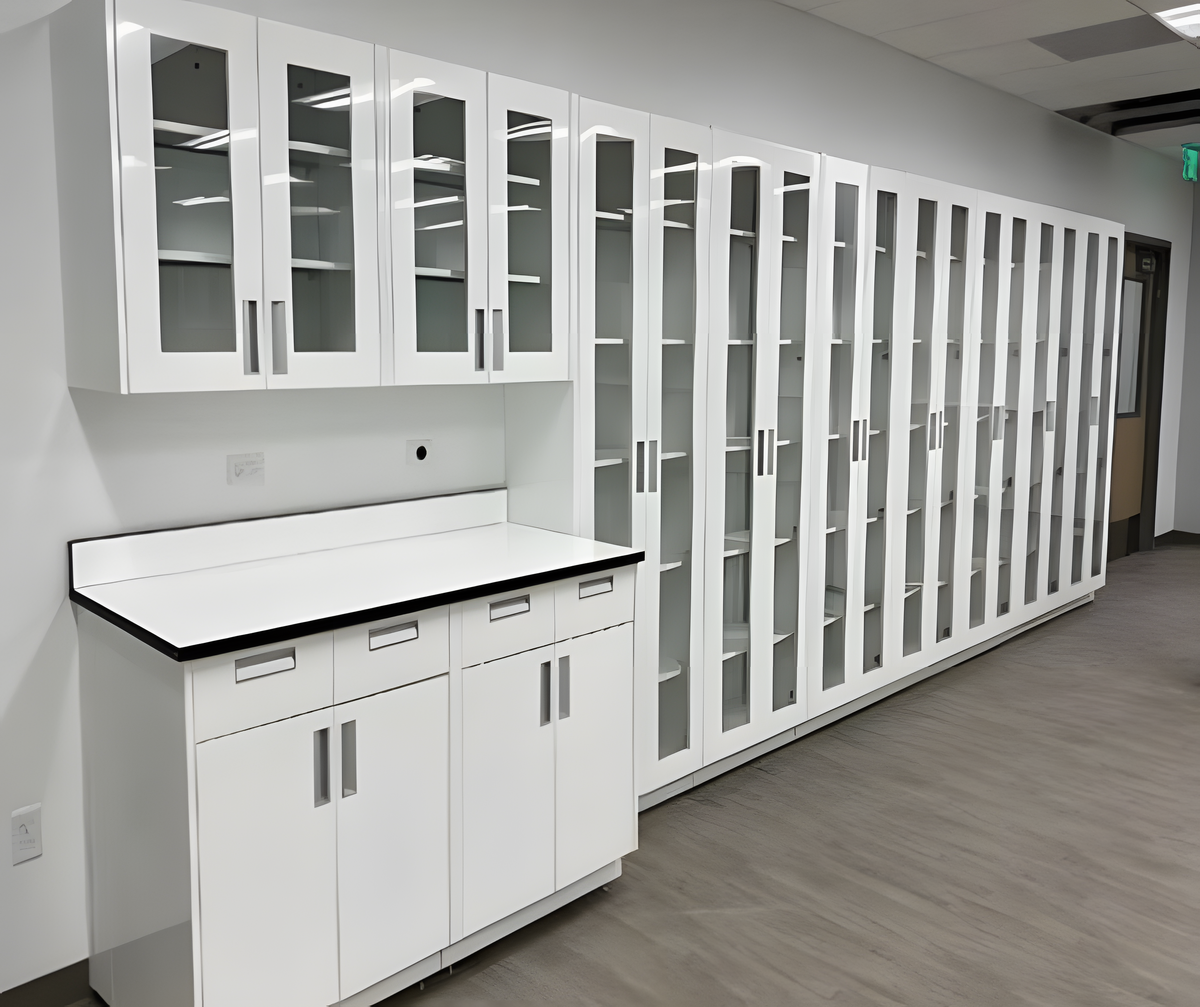 a laboratory with cabinets and a counter